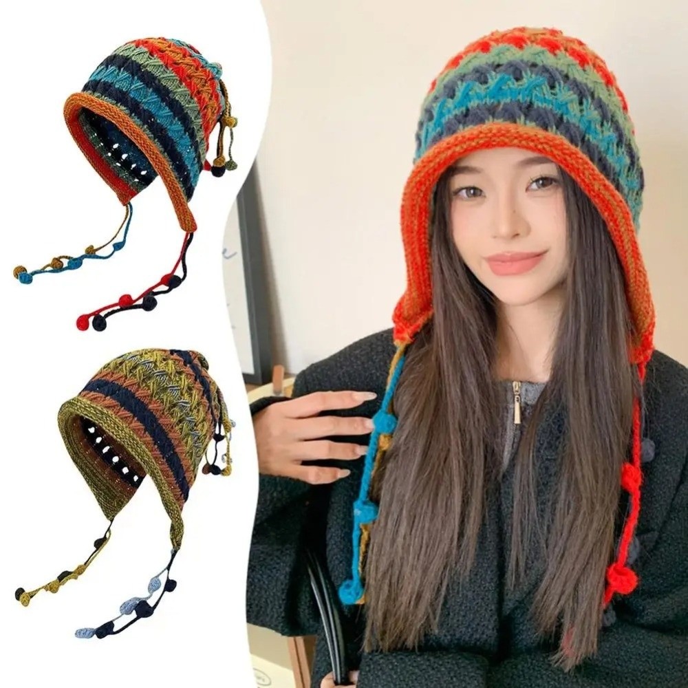 Winter Ethnic Fashion For Women - 패션 레인보우 스트라이프 니트 모직 모자