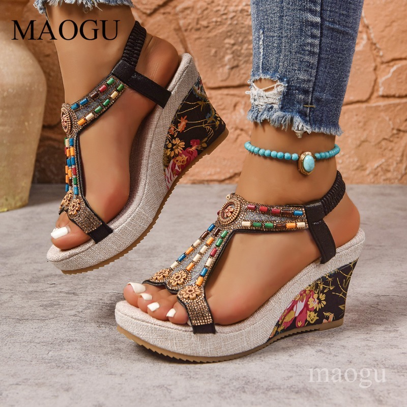보헤미안 스타일 비즈 장식 플로럴 웨지 샌들 여성용 오 - Ethnic Fashion Women 리뷰 및 가격