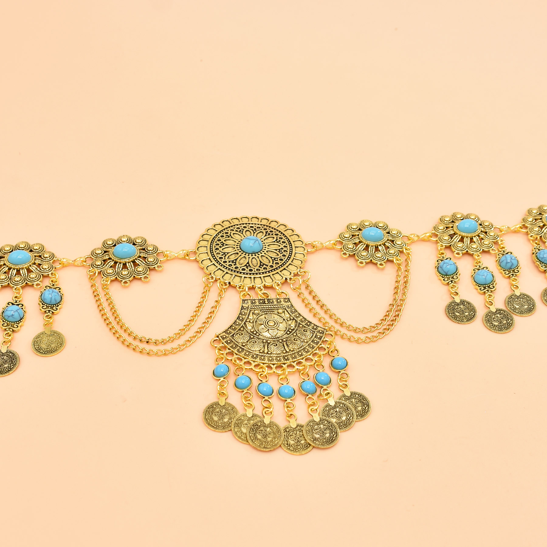 레트로 기하학적 조각 허리 체인 터키석 동전 펜던트,  - Ethnic Indian Fashion 리뷰 및 가격